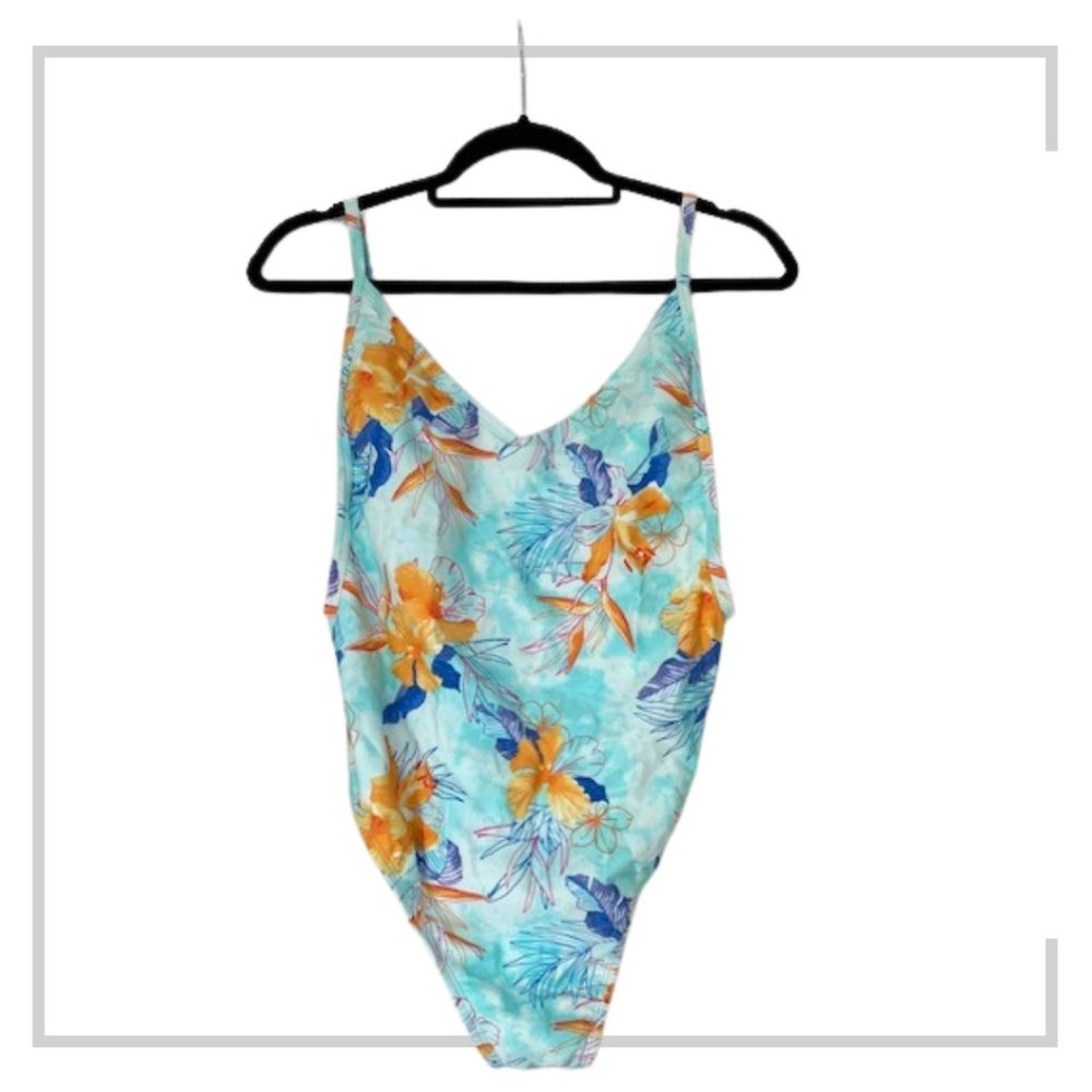 xhilaration One PIece Blue Floral Tropical Swimsuit Bathing Suit, Size XL